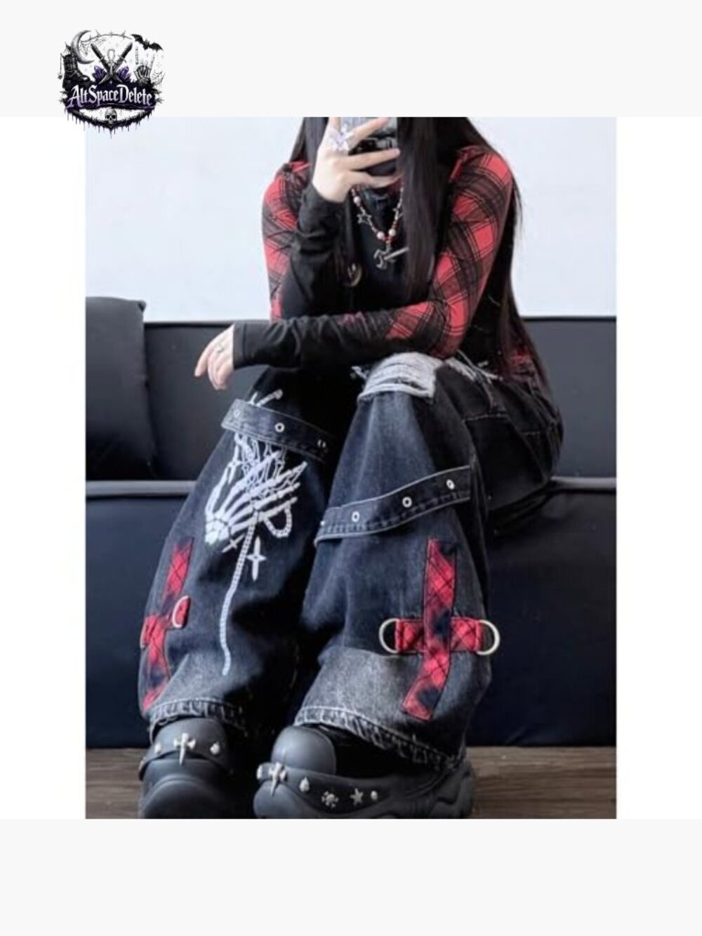 High Waist Ripped Baggy Jeans Straight Leg Goth Grunge Pants - Picture 6 of 7